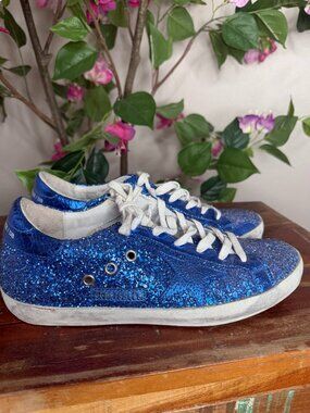 Golden Goose Blue Glitter and Leather Superstar Low Top Sneakers Size 40